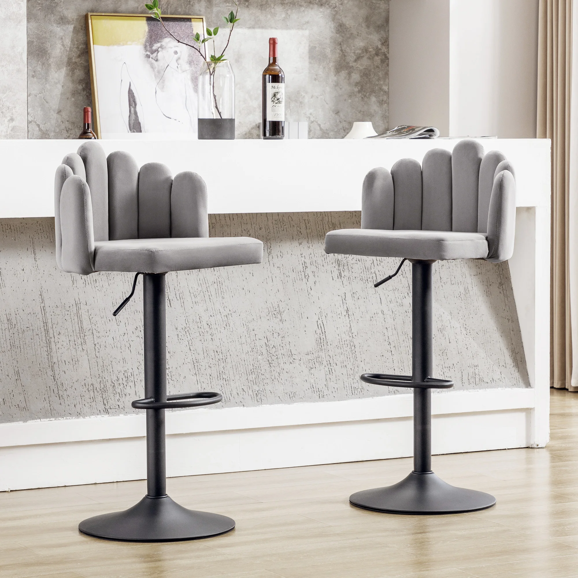 VSOGA Velvet Bar chairs Set of 2 Swivel Height Adjustable Modern Casual chairs Petals chairs Footrest Grey