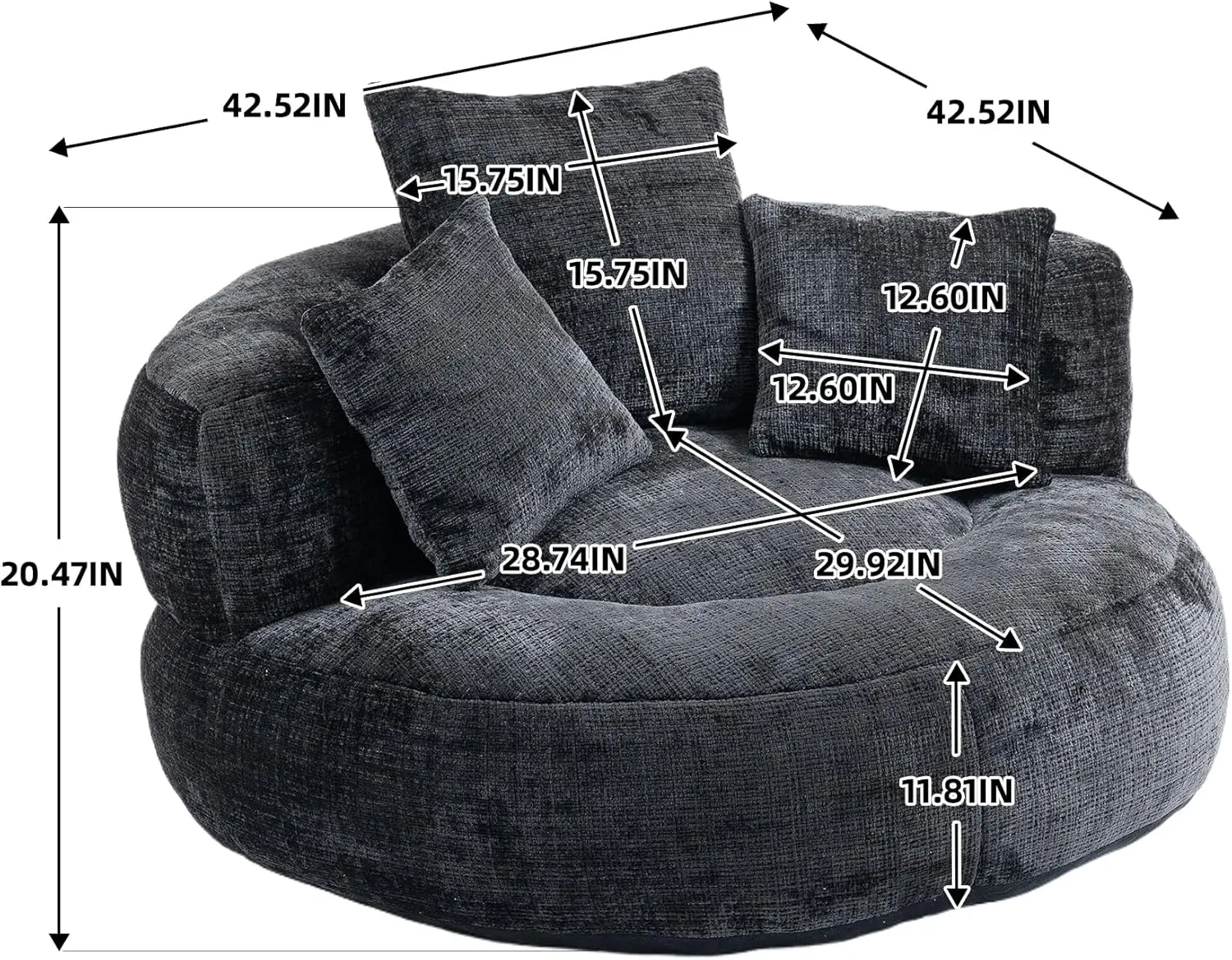 Hanxin Bean Bag Chair Sofa With Pillows, Beanbag Lazy Chair For Living Room, Stuffed Round Sofa Chair Fluffy Sofa Bed, With