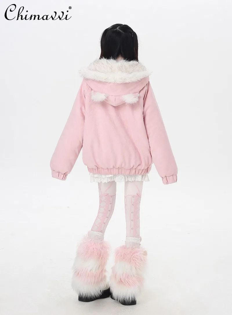 النمط الياباني أفخم القط الأذن مقنعين فضفاضة الدافئة الجلد المدبوغ سترة قطن المرأة شتاء جديد الحلو فتاة باردة معطف طويل الأكمام