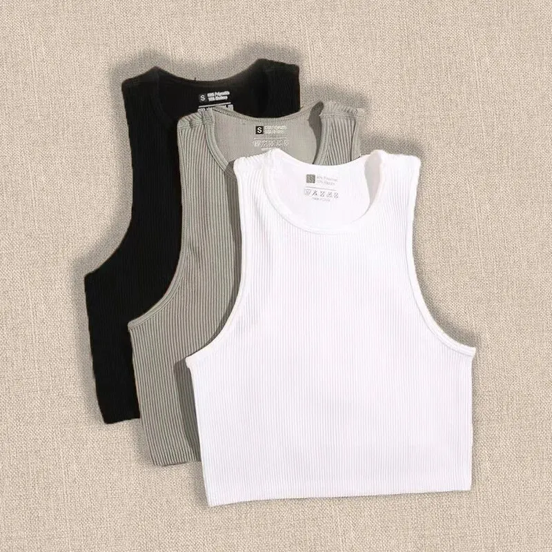 3 Piece Yoga Vest Women Gym Sports Black White Crop Tops Seamless Streetwear Rib Knit Workout BreathableTank Top Female