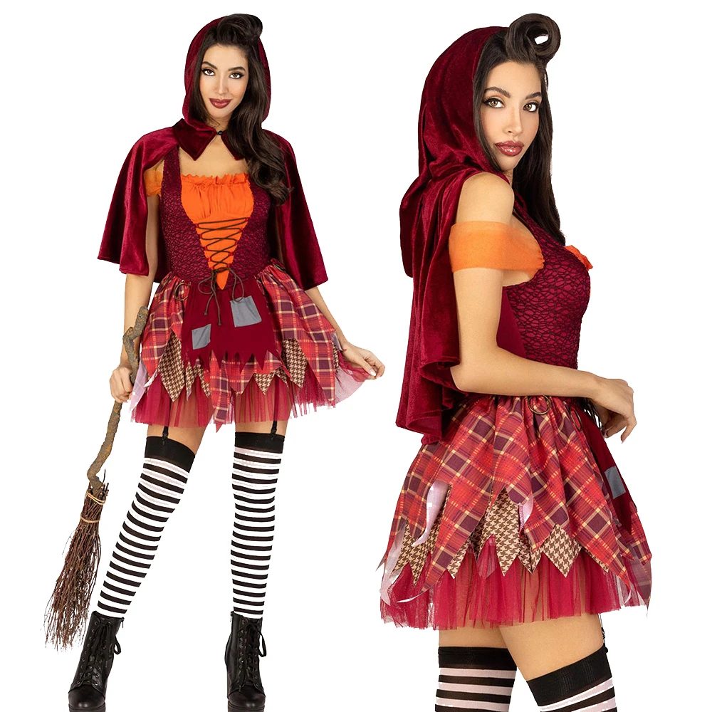 

Cosplay Red Riding Hood Costume Women Irregular Dress Halloween Outfits Ladies Role Play Party Fairy Tale Maid Clothes Dress Up