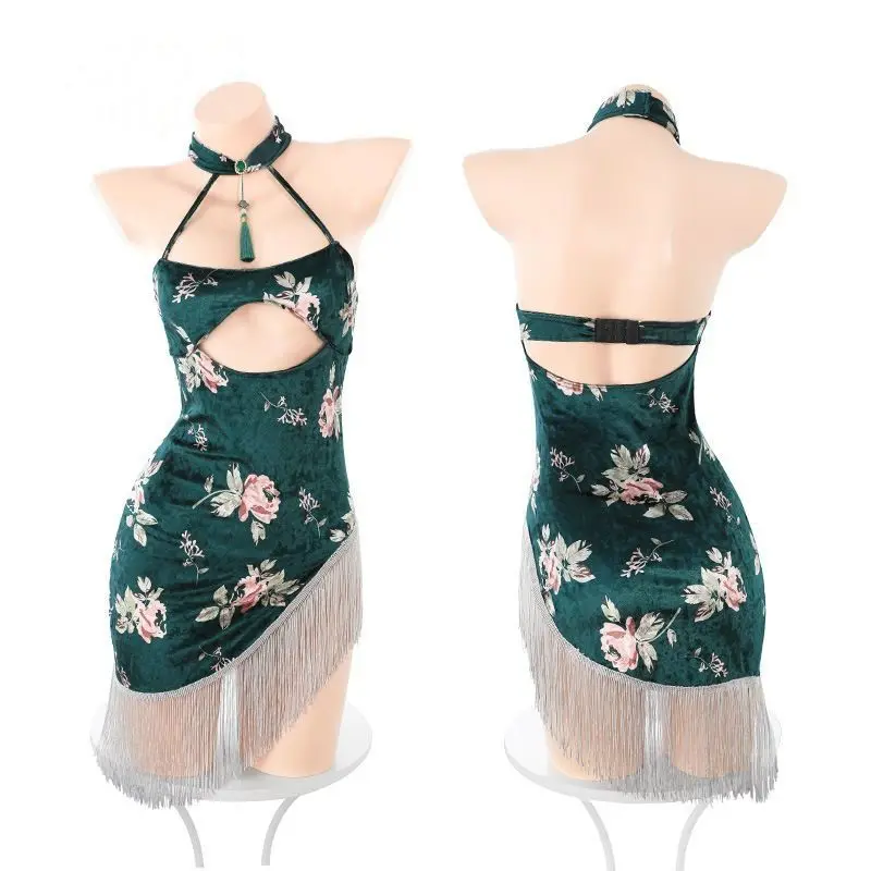 

Бархатный комплект нижнего белья Qipao, сексуальная бахрома с принтом пиона, облегающее ночное белье Cheongsam Pure Seduction