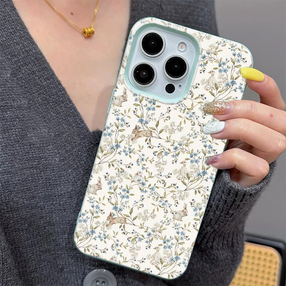 

Cream White Teal Deer Toile Print Phone Case for iPhone 17 16 15 14 13 12 11 Pro Max Anti-Scratch Protective Cover Funda Coque