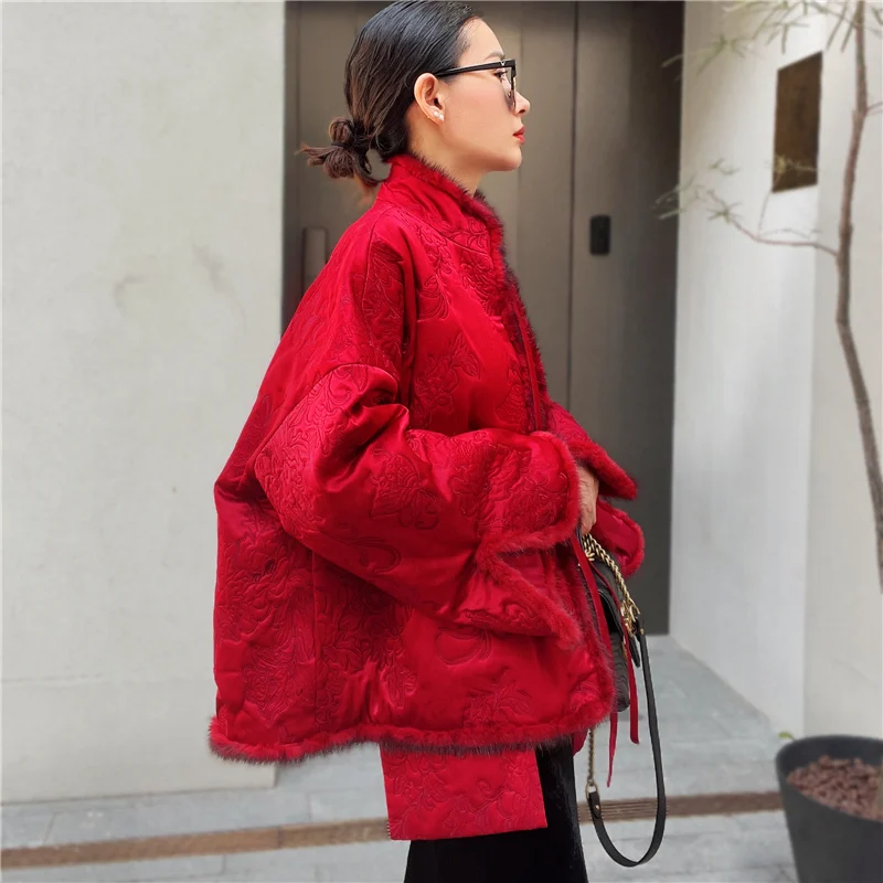 New Chinese Style Quilted Cotton Jacket Women Mink Hair Splicing Single Breasted Loose Fashionable Pocket Warm Coat Red S-XL