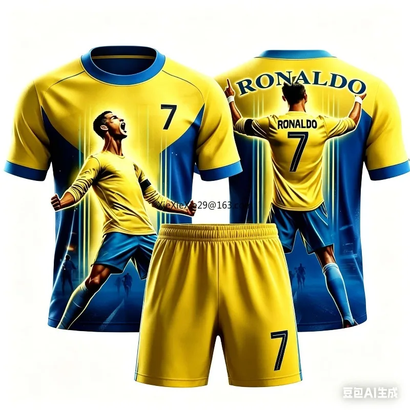 Sommer-Set für Kinder und Erwachsene, Eltern-Kind-Set, 3D-Kurzarm-Shorts, Fußball-Shirt AI # 7 Ronaldo bedruckte Sportbekleidung für Jungen und Mädchen