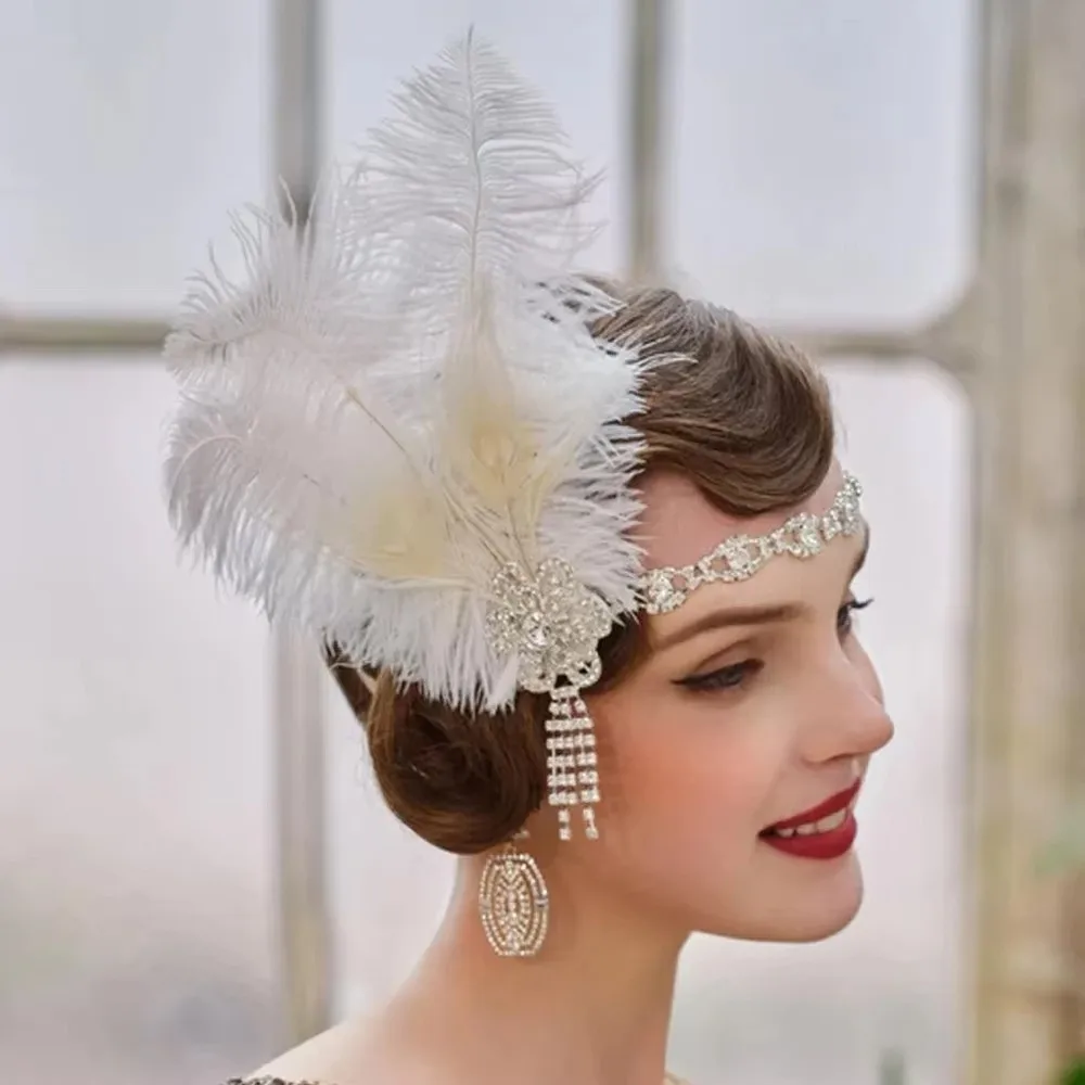 

Retro Rhinestone Flapper Headband Tassel Peacock Feather Hair Strap Forehead Chain Party Photography