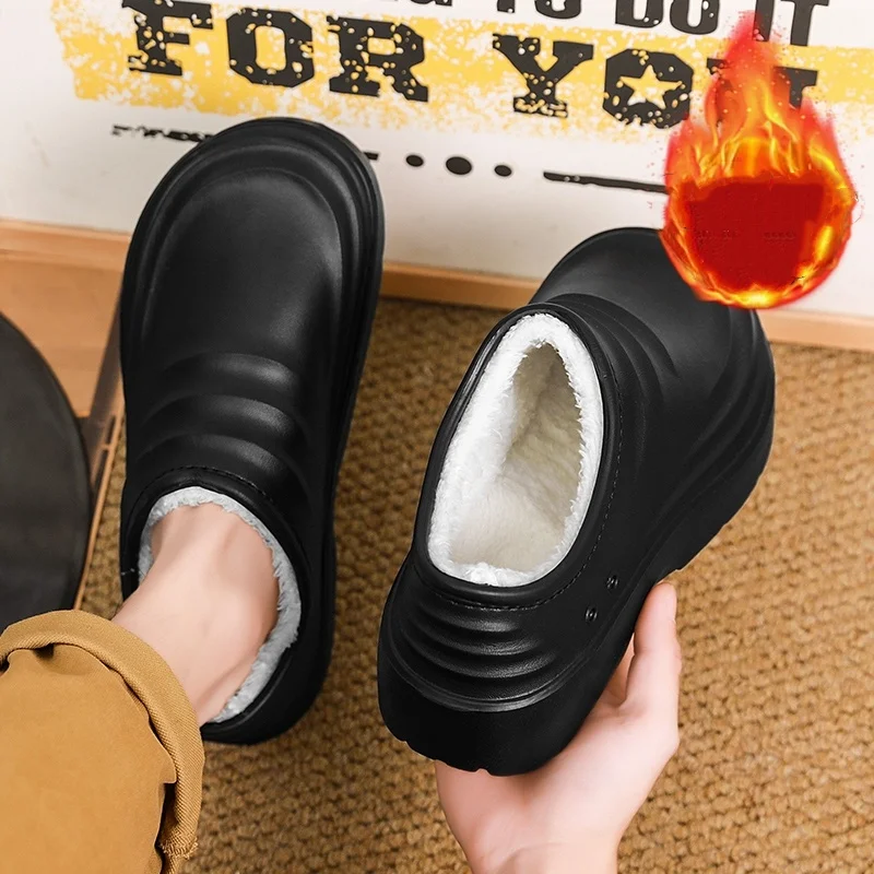 Fleece-Lined Men's Autumn and Winter New Thick-Soled Kitchen Non-Slip Shoes, Waterproof, Oil-Proof, Warm, Closed Heel and Closed Toe