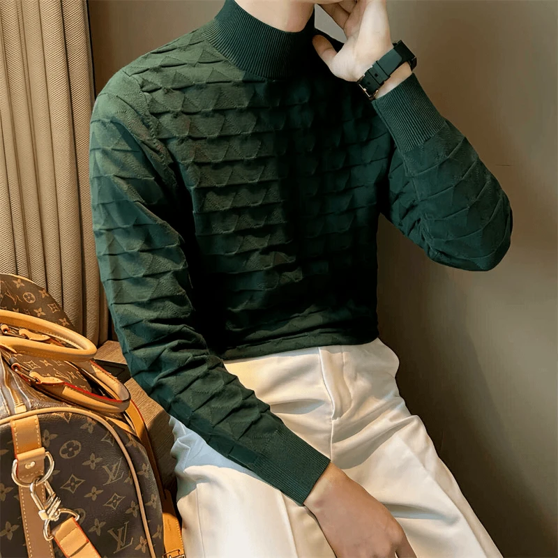 Fashion Luxury Autumn Winter Sweaters Men Solid Mock Neck Wave Cut England Business Casual Long Sleeve Pullovers Knitted Top