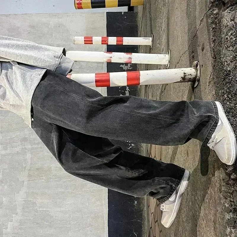 

2025 новые корейские мужские повседневные длинные джинсы, классические мужские прямые джинсовые широкие брюки, однотонные светло-голубые, серые, черные