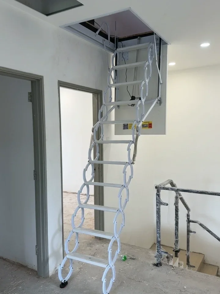 Ceiling Folding Telescopic Ladder Gift Handrail, Electric Attic Staircase Remote Control
