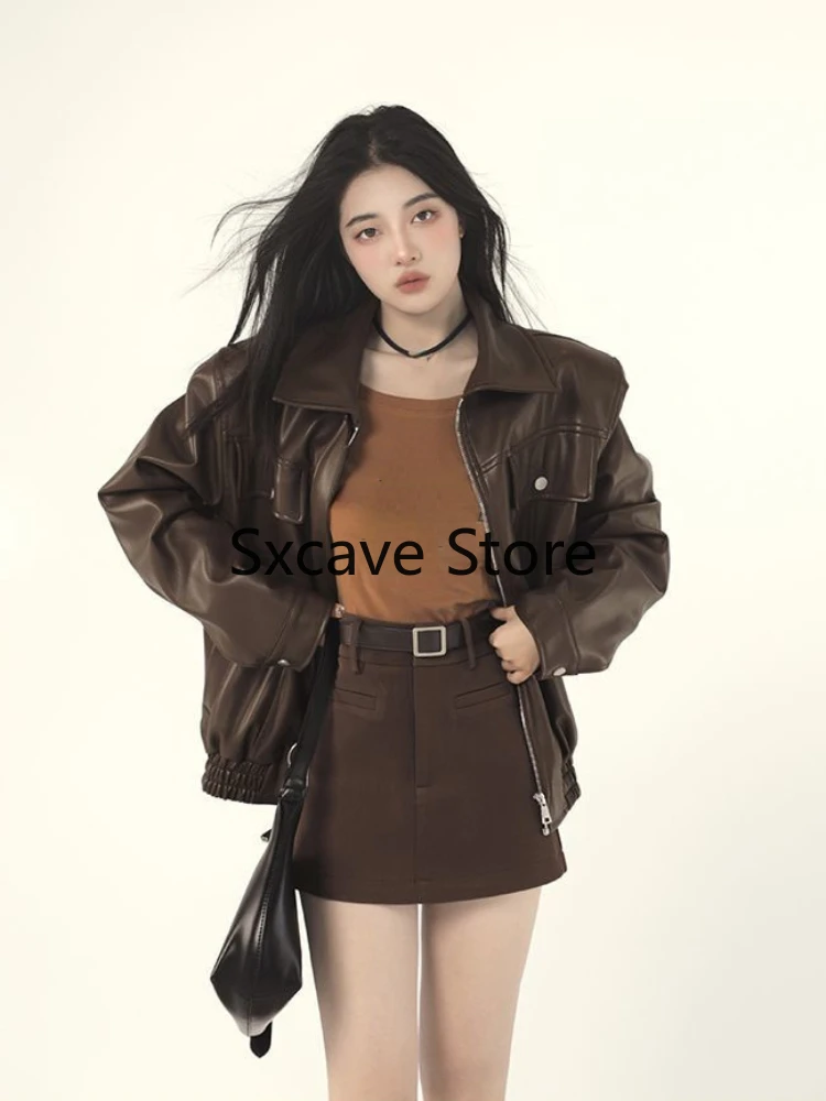 2023 Autumn Leather Coat Loose High Street Aviator Leather Jacket WomanPunk Fashion Brown Leather Jacket Women Streetwear Zipper