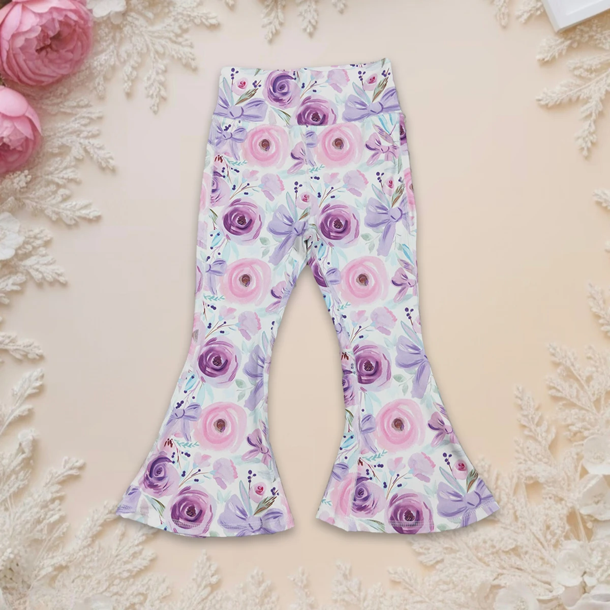 

Toddler Baby Girl Yoga Active Flare Pants Bell Bottom Cute Purple Flower Bows Print Kids Elastic Waist Soft Stretchy Casual Wear