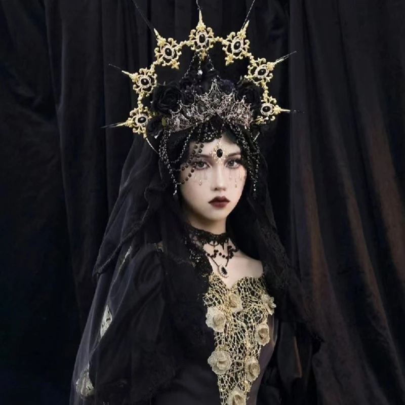 ฮาโลวีนเครื่องแต่งกาย Headwear Mystical Black Gothic Headpiece Elegant Headbands อุปกรณ์เสริมผมสำหรับผู้หญิงและเด็กผู้หญิง