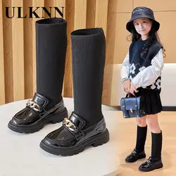 Bottes longues en cuir pour petites filles, bottes simples pour enfants, baril haut, chaussettes à la mode, bateaux de princesse, 2024