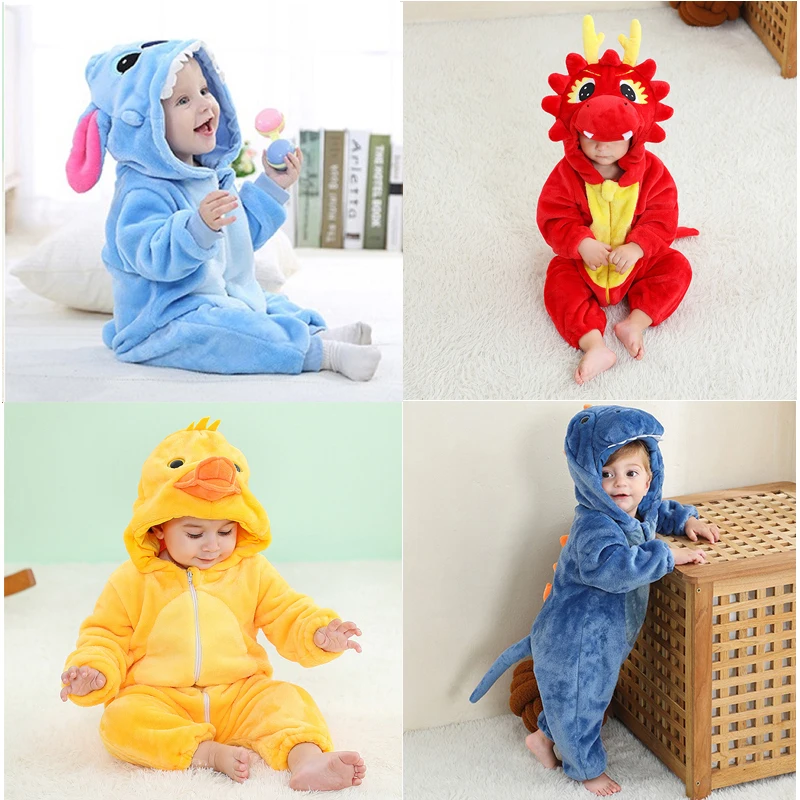 

Baby Rompers Stitch Jumpsuits Kids Cosplay Winter Flannel One-Pieces Hooded Jumpers Overall Grows Cartoon Growings Roupa Bebe