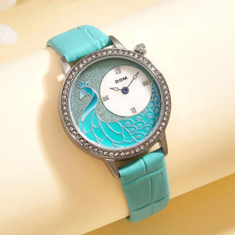 DOM 1597 Fashion Women's Quartz Watches Elegant Peacock Diamond Dial Leather Strap Waterproof Business Ladies Casual Wristwatch