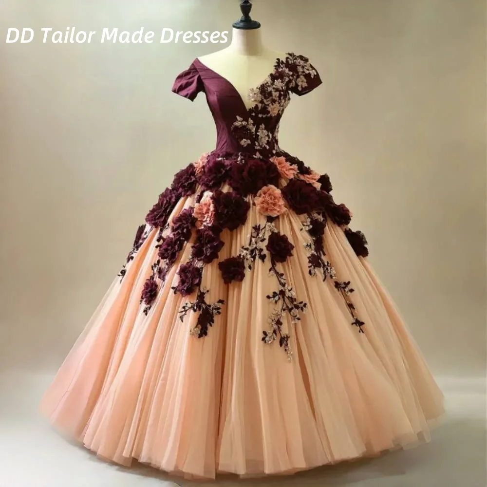 

Vintage Flowers Ball Gown Prom Dress V-Neck Short Sleeves Victorian Masquerade Dress Floor Length Customized Burgundy Party Gown