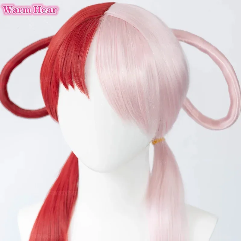 Wig Wanita Pesta Halloween Rambut Sintetis Panjang Merah Muda Merah Cosplay Tahan Panas Alat Peraga Headphone Uta + Topi Wig Ir;l5