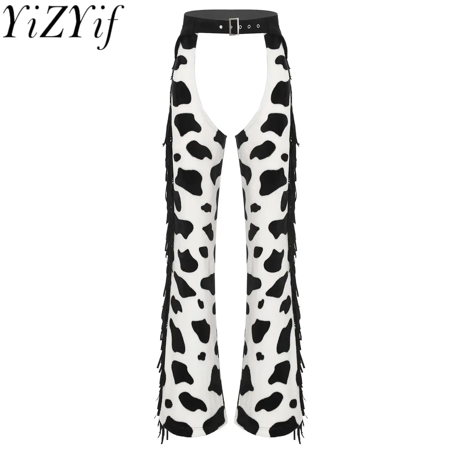 

Women Stylish Open Crotch Cow Spot Flannel Pants for Biking Riding Western Cowgirl Chaps Hippie Halloween Cosplay Dance Costume