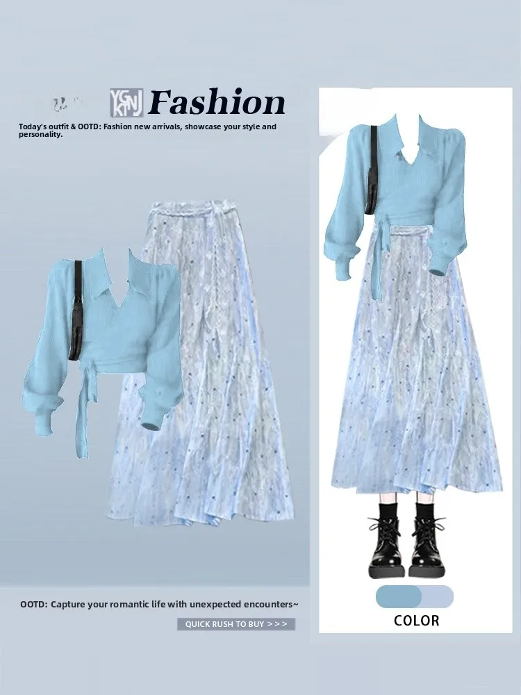 

Fashionable Soft Style Blue Long Sleeve Knitted Top Women's Anti-Aging Floral Half Skirt Set Elegant Trendy Bow Tie Design