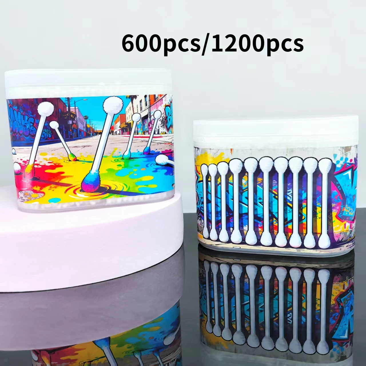 600pcs/1200pcs creative oil paint-style pattern box-packed double-headed cotton swabs with fine shaft cotton swab sticks
