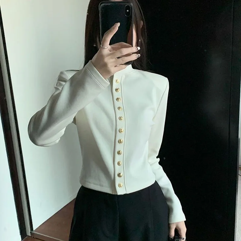 Black Sweet Women Crop Cardigan Korean Fashion Slim Long Sleeve Button Tops Autumn New Casual All Match Female White Blouse Top