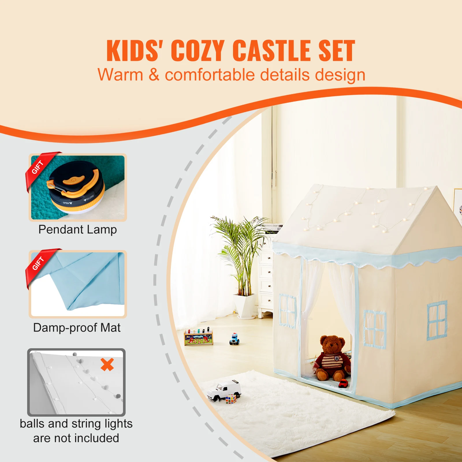 SucceBuy Kid Play  Kids for Kids 1-5Year Old Toddler  with Mat and  Lamp Tent for Kids with Windows Castle