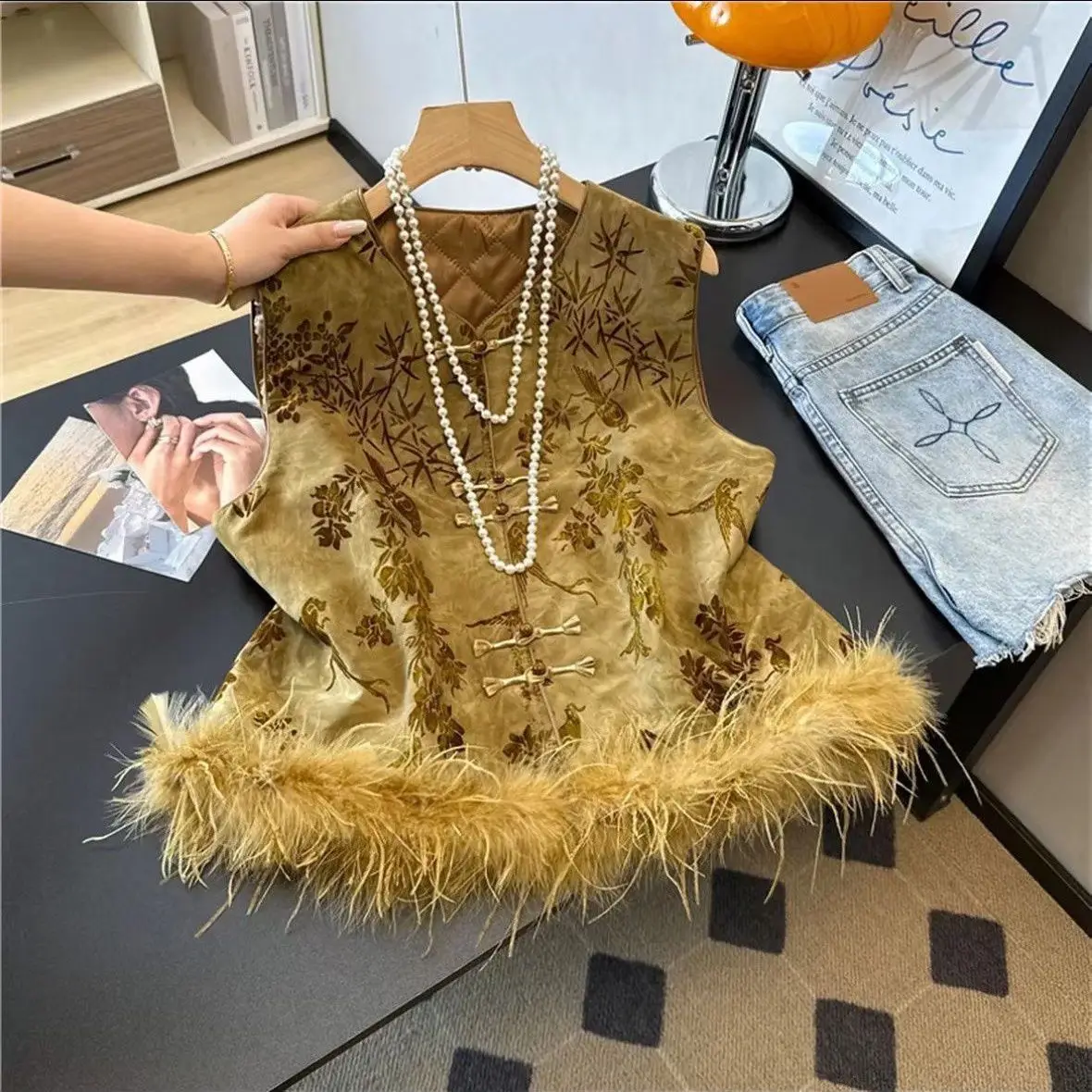 

plus Size 300 Pou Vintage Chinese Sle Button Bal Jaet Men's Faion Autumn Winter Feather Trim Svel Coat