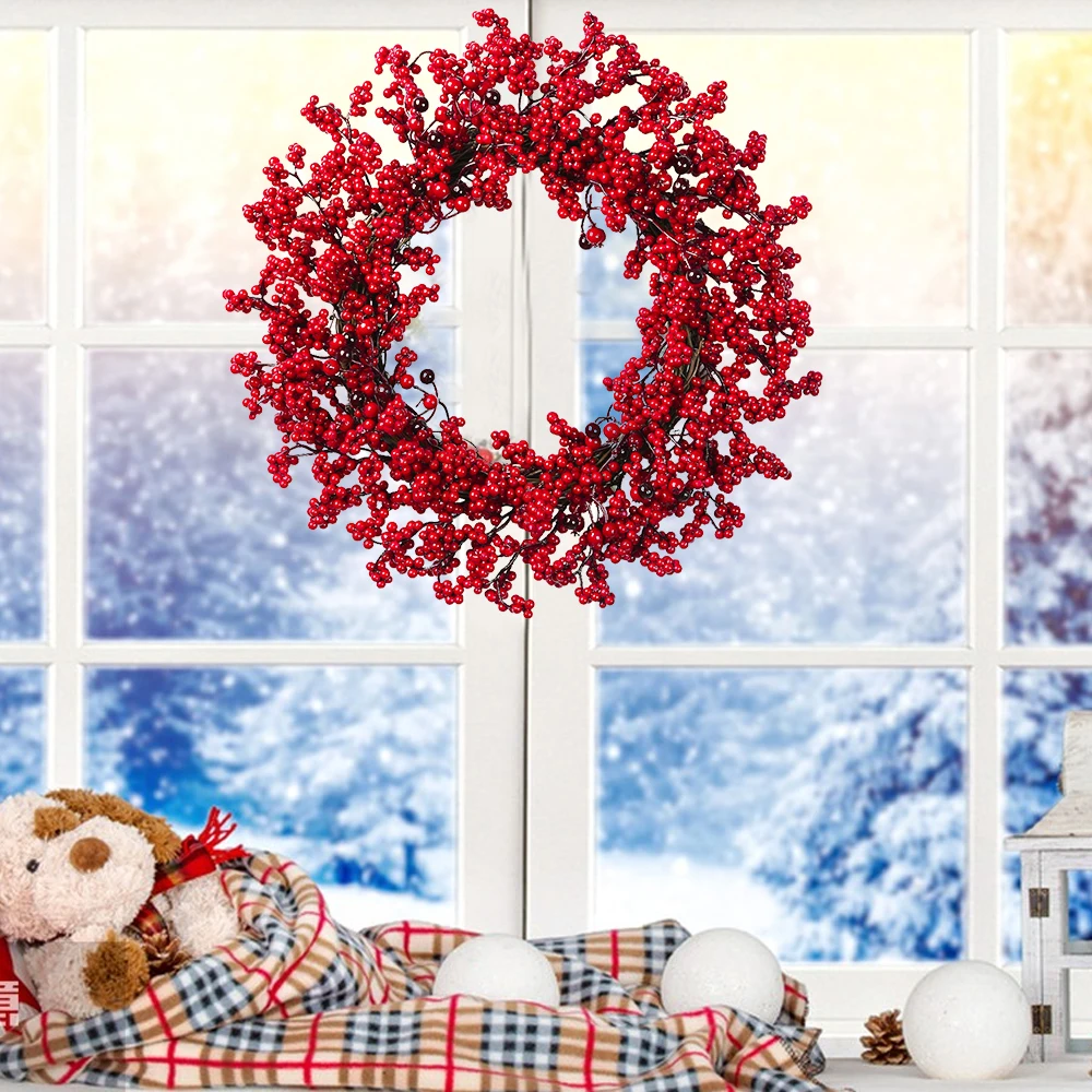 Christmas Simulation Red Fruit Wreath 45/55CM True Vine Wreath Festival Hanging Window Door Wedding Party Props Decoration