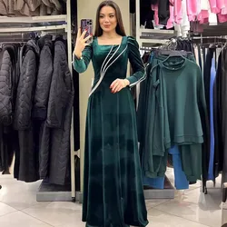 Vintage Dress for Women Hot Drilling Muslim Dress Women Slim-fit Square Collar Evening Dress Turkey Kaftan Arab Robe Abaya Dubai