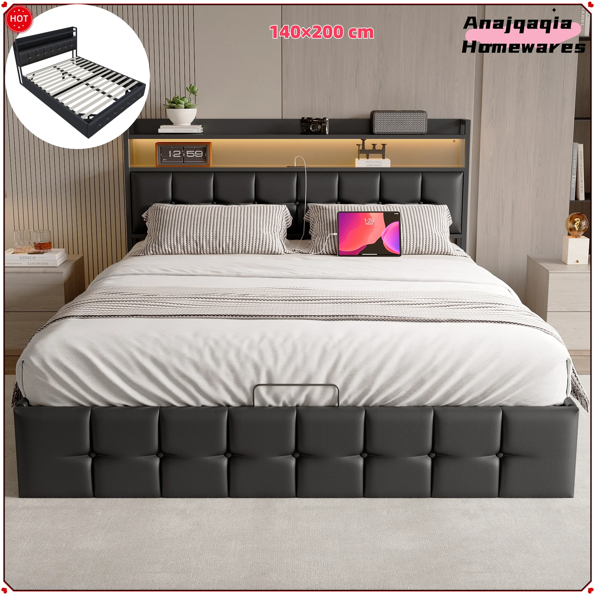 Anajqaqia Letto matrimoniale imbottito 140×200 cm con unità contenitore e luce LED, con base a doghe e porta di ricarica USB, pelle PU