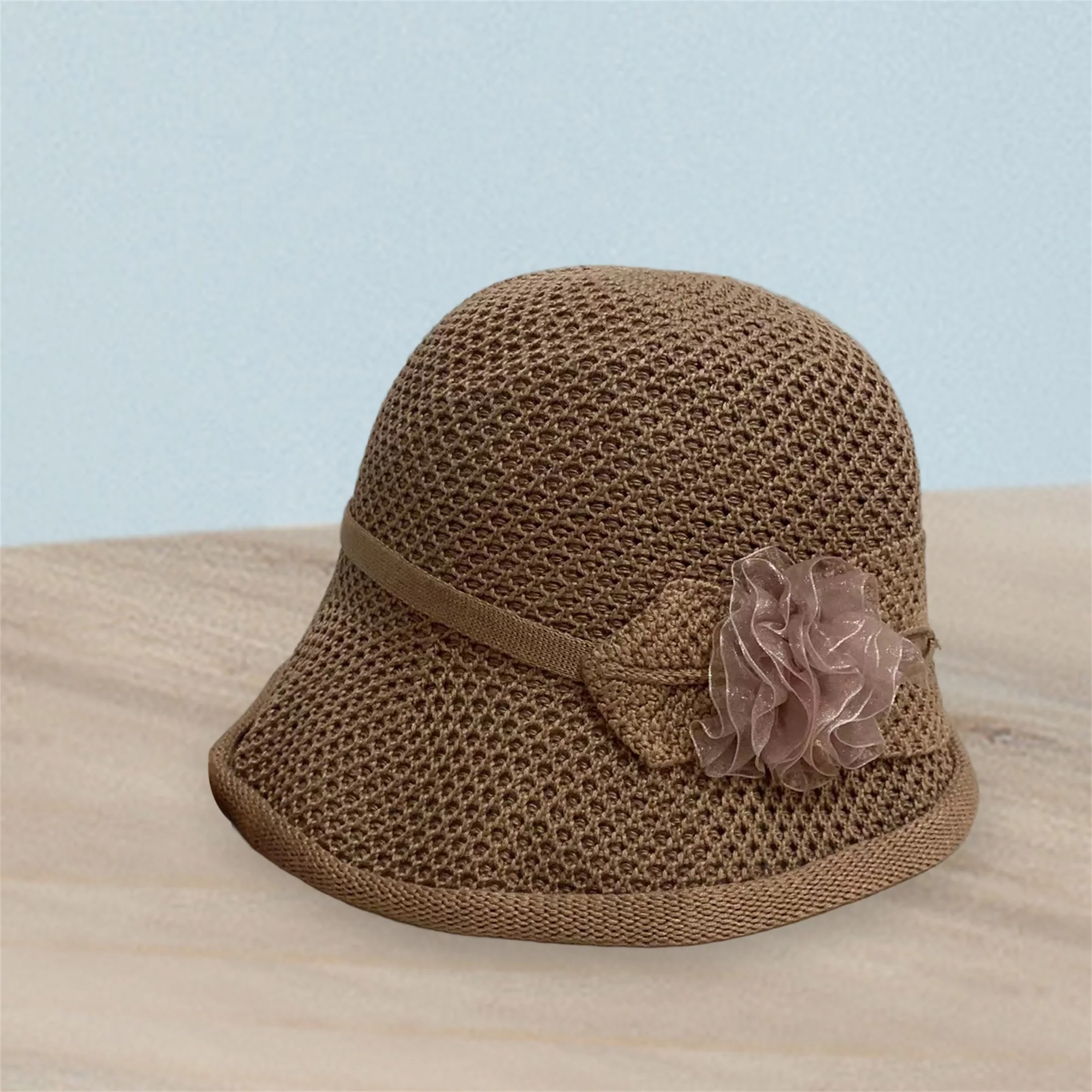 

Women s Foldable Wide Brim Straw Sun Hat with Mesh Flowers and Mesh Detailing Perfect for Outdoor Travel and Beach Activities