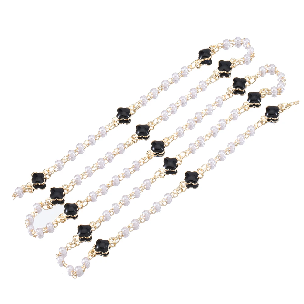 1 meter vintage pearl chain copper 14K gold plated black enamal square flower & imitation pearl chain for diy women necklace