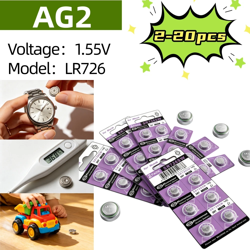 2-20 Baterías de Botón Alcalinas AG2 de 1.55V LR726 396A 397 SR726 SR726SW LR59 SR59 396 para Relojes, Juguetes y Controles Remotos