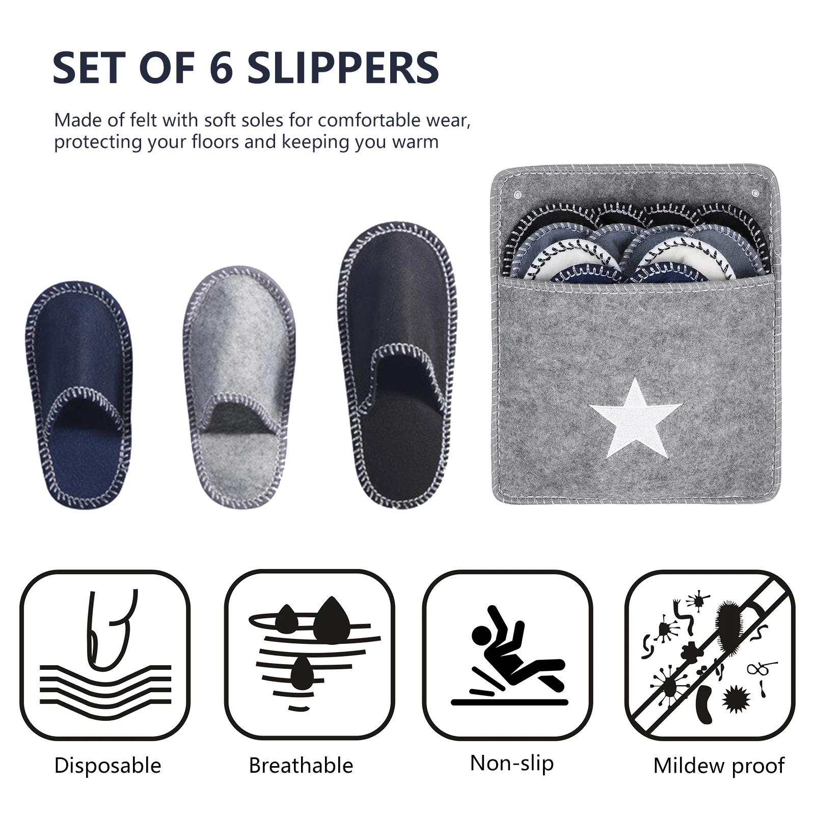 6 Pairs Felt Guest Slippers with Non-Slip Sole Closed Toe Unisex Slippers for Shoeless Home for Bedroom Wedding Party Travel