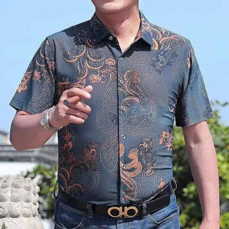 Summer Clothes Vintage Shirt Men Short Sleeve Ice Silk Turn-down Collar Blouse Loose Large Printing Button Fashion Elegant Tops