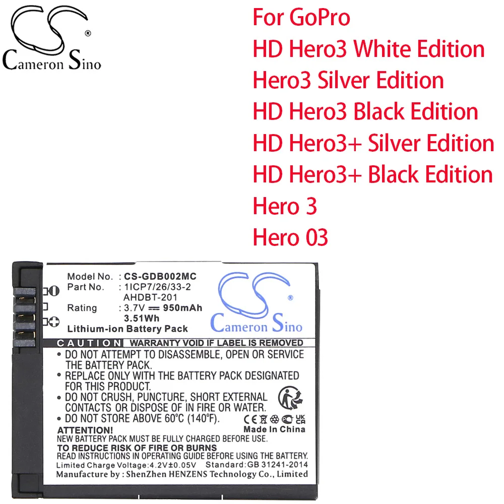 

Cameron Sino Camera Battery for GoPro HD Hero3 White Edition Hero3 Silver Edition HD Hero3 Black Edition Hero 3 Hero 03