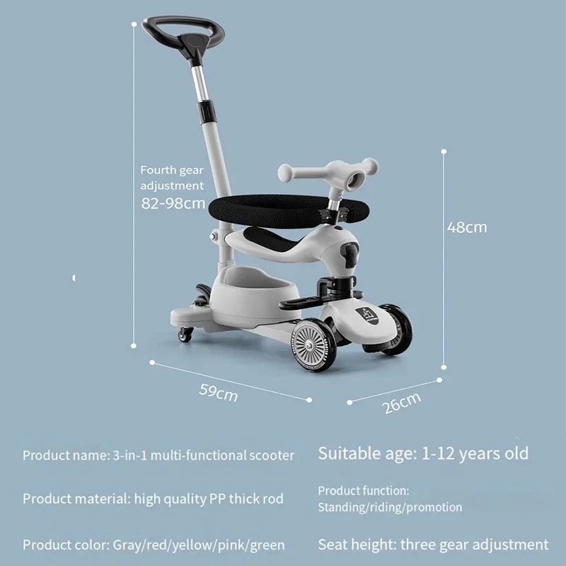 Trottinette Multifonctionnelle 3 en 1 pour Enfant de 1 à 12 Ans, Voiture pour Nourrissons Pouvant S'asseoir et Pousser, Glissière