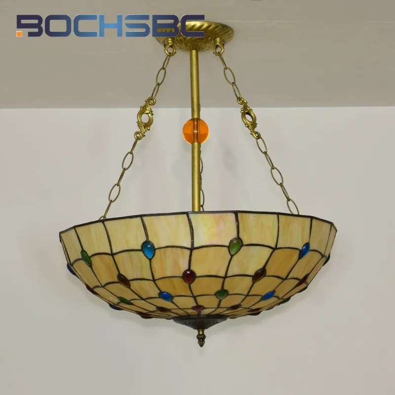 BOCHSBC Tiffany Vintage style Colored beads glass chandelier Art Deco Living Room Dining Room Bedroom inverted pendant light