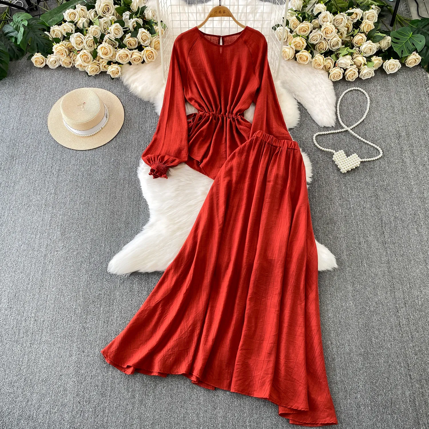 

Elegant Vintage long sleeve asymmetrical solid Party Club Korean Fashion Women Clothes Two Piece Set