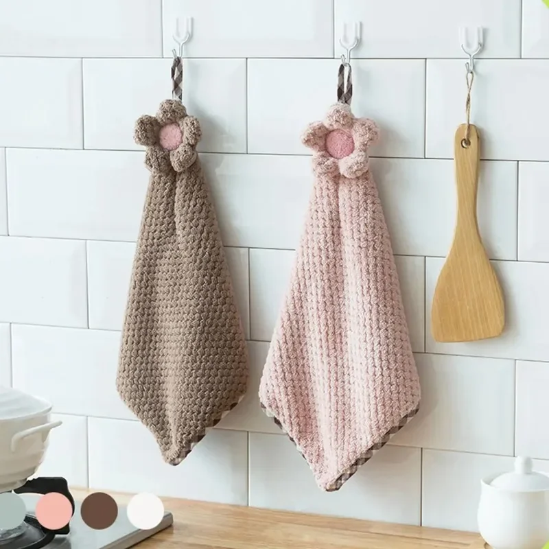 Hangable Coral Fleece Absorbent Flower Soft Hand Towels Kitchen Bathroom Cleaning Towels Non-linting Sun Flower Towels