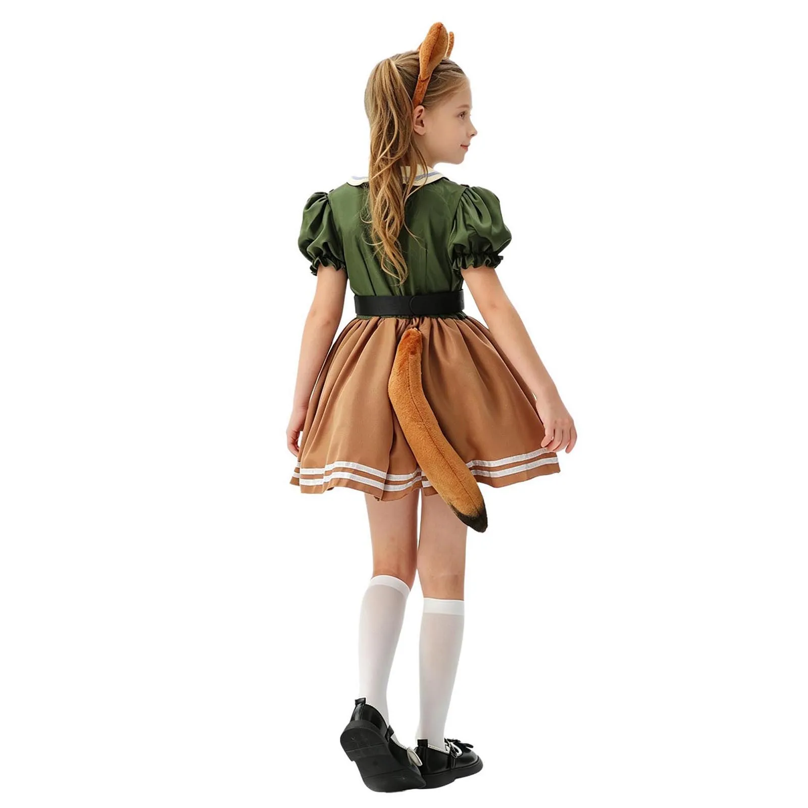 Children Halloween Animal Fox Costume Girls Lapel Puff Sleeves Ruffled Tutu Dress And Faux Tail Necktie Hair Hoop Birthday Party