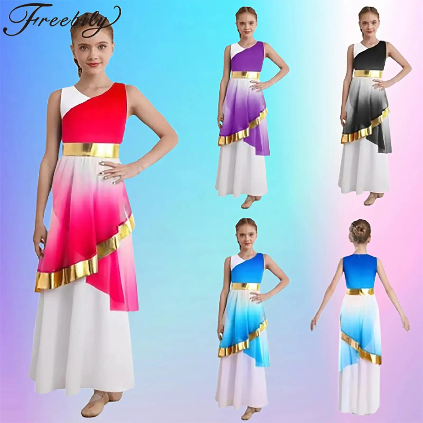 

Kids Girls Praise Lyrical Dance Costume Worship Modern Liturgical Dress Sleeveless Gradient Color Celebration of Spirit Dress