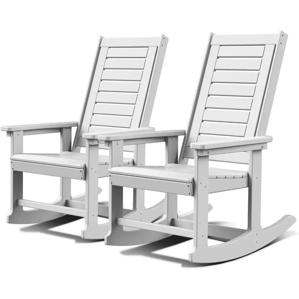 Outdoor Chairs Set of 2, Porch Rocker HDPE Plastic White Oversized Rockers High, Outdoor Rocking Chair