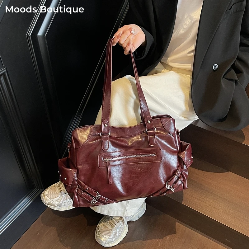 

Biker Style Shoulder Crossbody Bags For Women Soft PU Leather Pure Color Multi-pocket Large Capacity Shopper Tote Luxury Handbag