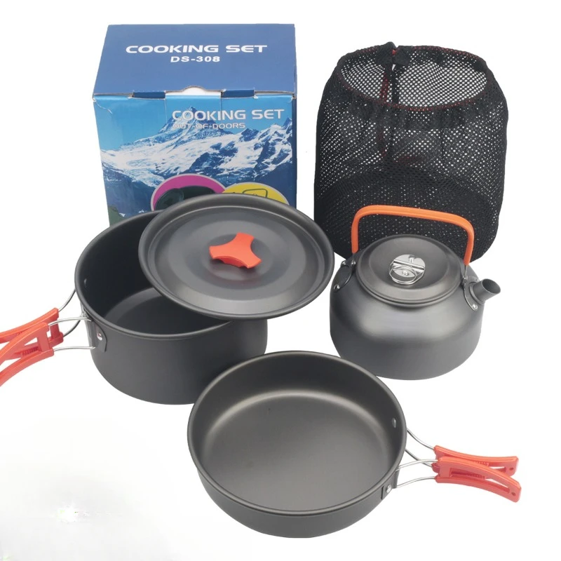 Outdoor camping 2-3 person set pot plus teapot combination aluminum pot portable camping set pot combination