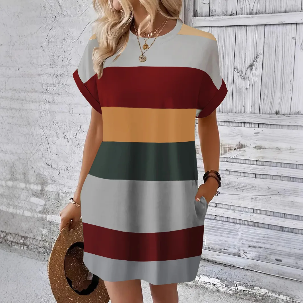 المرأة مخطط طباعة فضفاضة خمر جيب فستان قصير أنيق بوهو عادية حفلة ميدي كم قصير ركاب تي شيرت فساتين #3