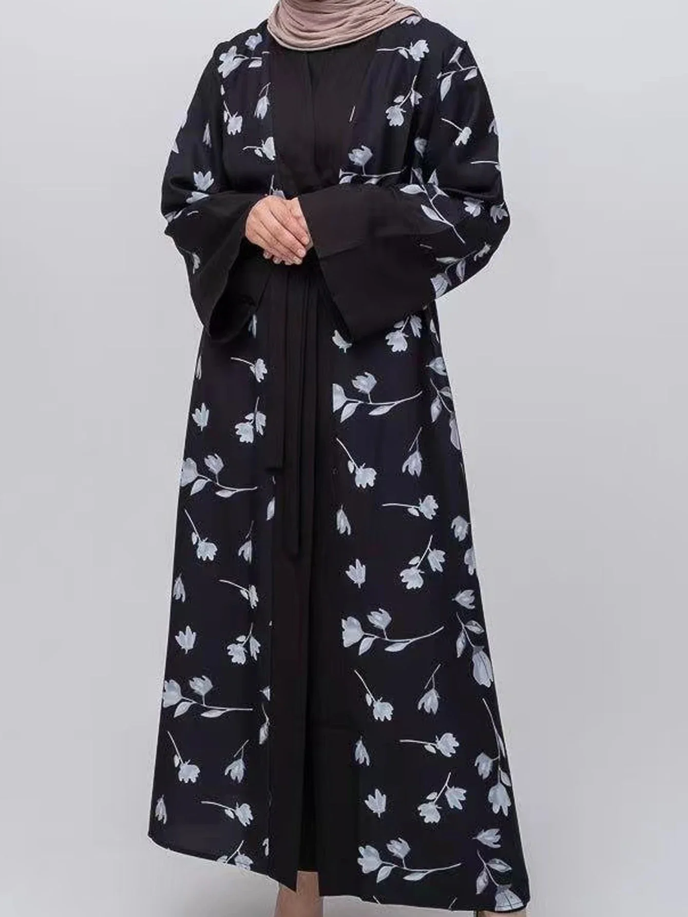 New Muslim Dresses Women Maxi Dresses Vestidoes Fashion Female Loose Dresses Full Sleeve Printed Floral Casual Robe Long Dress