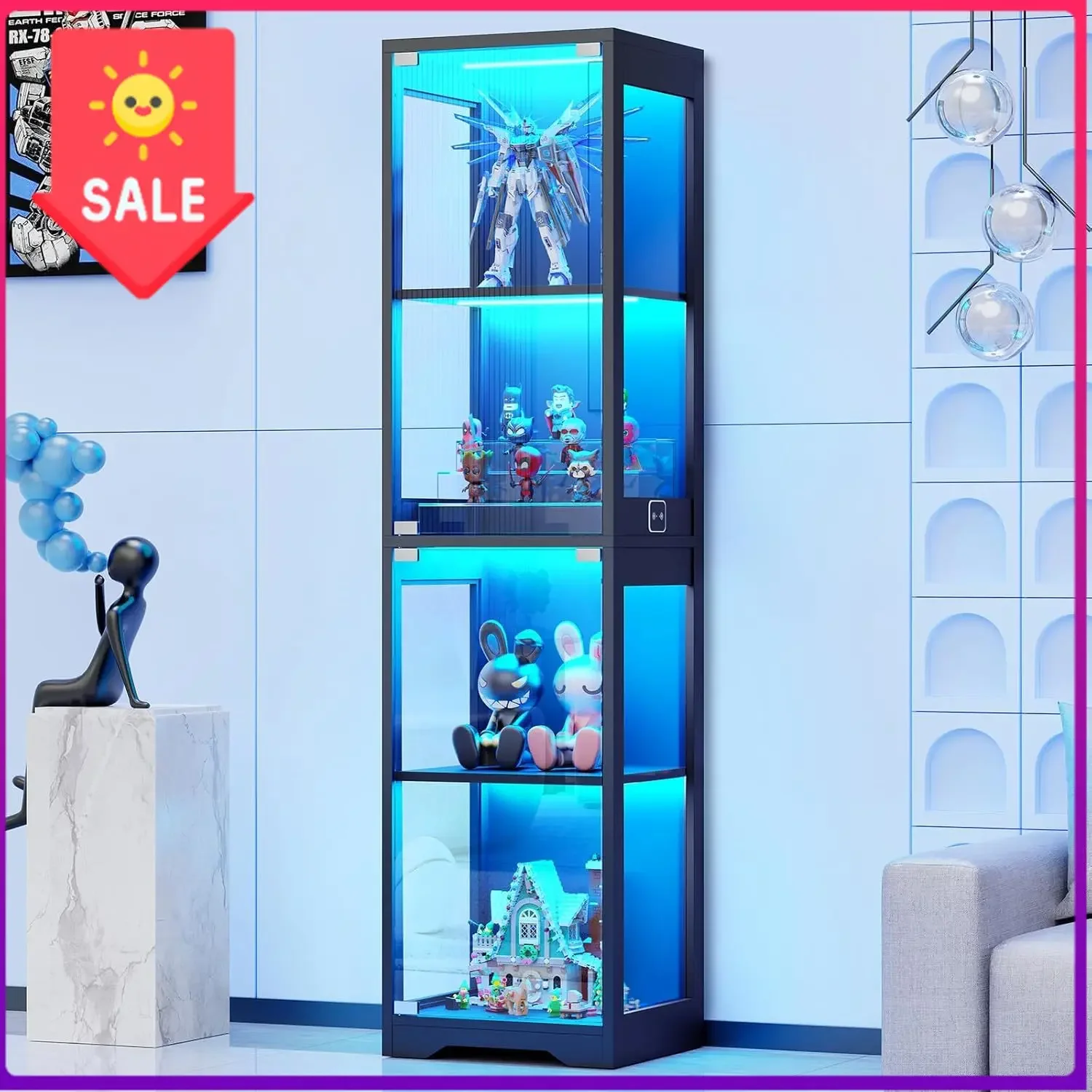 Glass Display Cabinet, Display Case for Collectibles, Black | 4-Tier Curio Cabinets with 3 Color Lights&Human Body Sensor, Stora