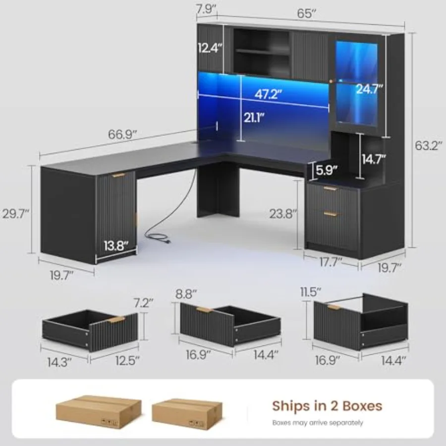 RGB LED corner computer desk for gaming working, fluted MDF with tempered glass display cabinets, black finish, includes hutch,